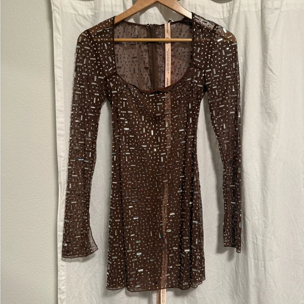 Oh Polly Brown Long-Sleeve Mini Dress with Silver Embellishment - Picture 4 of 9